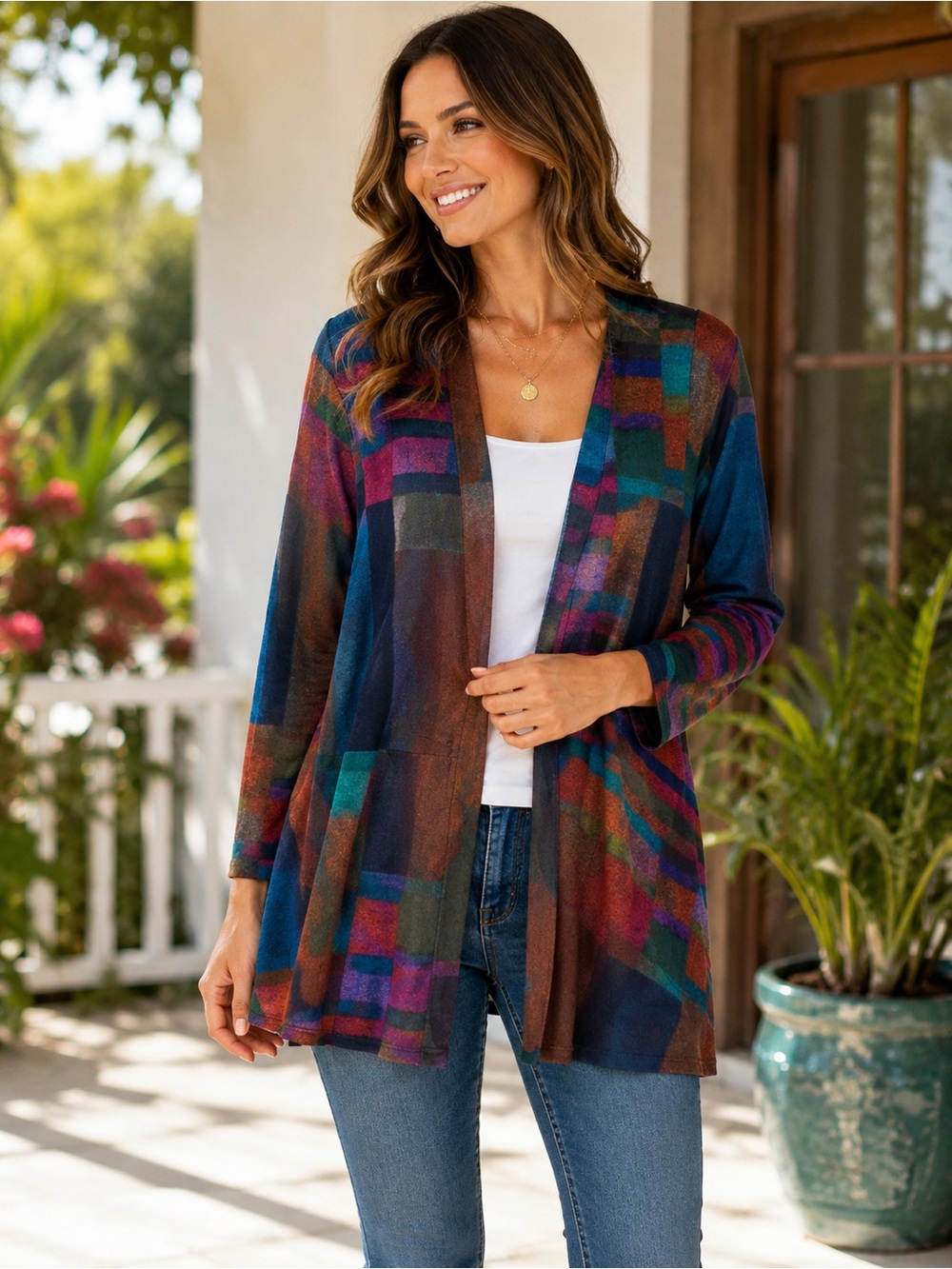 Parsley & Sage Multicolor Plaid Open-Front Cardigan - Blue, Brown, Teal, Purple